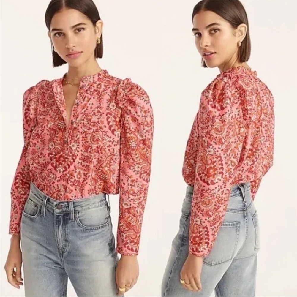 J. Crew Puff Sleeved Top Paisley pink size small cotton